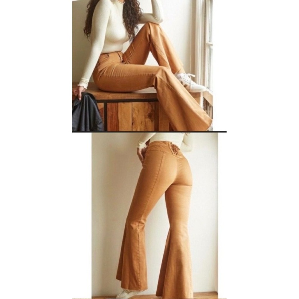 Free People We The Free Just Float On Flare Jeans Rust Orange Lace Up Back 27